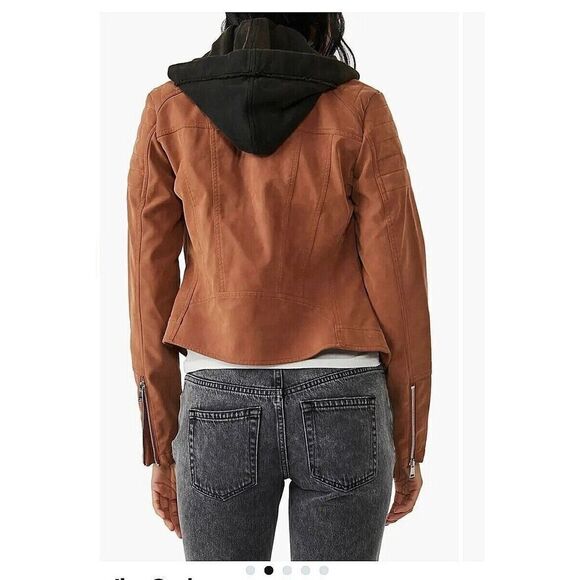 Free People We The Free Sz S Harriet Hooded Vegan Leather Moto Jacket Chocolate - Picture 10 of 10